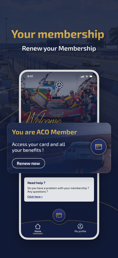 Interface do aplicativo móvel Membres ACO para renovação de associação e acesso ao cartão digital