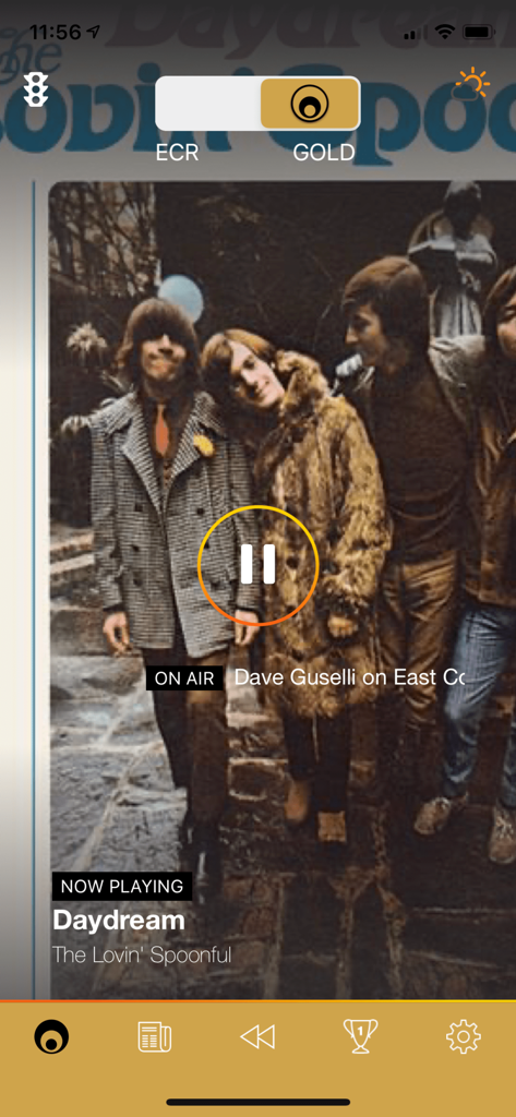 East Coast Radio - East Coast Radio app interface displaying the East Coast Gold music station playing classic hits