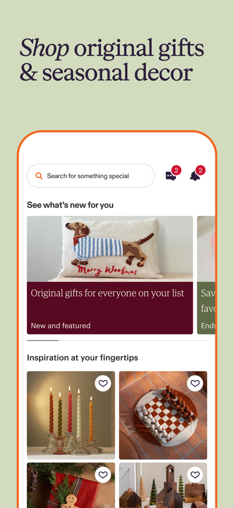 Etsy: Shop Home, Style & More - Schermata principale dell'app Etsy che mostra regali unici e ispirazione per l'arredamento stagionale della casa