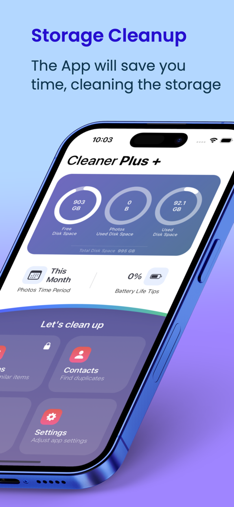 Interfaz de la aplicación de limpieza de almacenamiento que muestra estadísticas de espacio en disco y opciones de limpieza de contactos en la pantalla de un iPhone