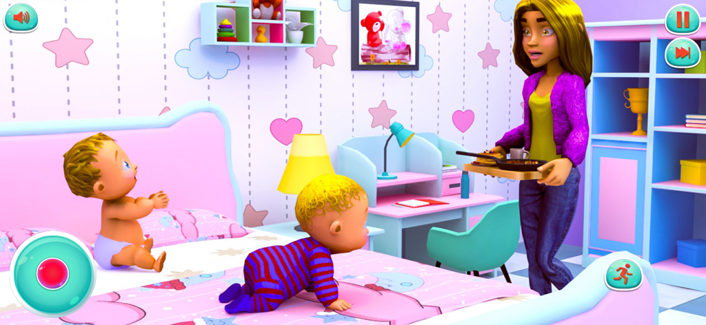 Baby Twins Prank Mom Simulator - Twin babies on a bed and a mom character carrying a breakfast tray in a pink decorated bedroom