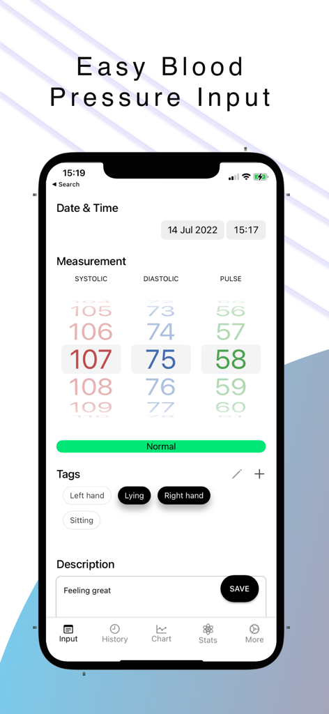 The easy input screen of the Blood Pressure H plus app showing manual entry for systolic diastolic and pulse with status tags
