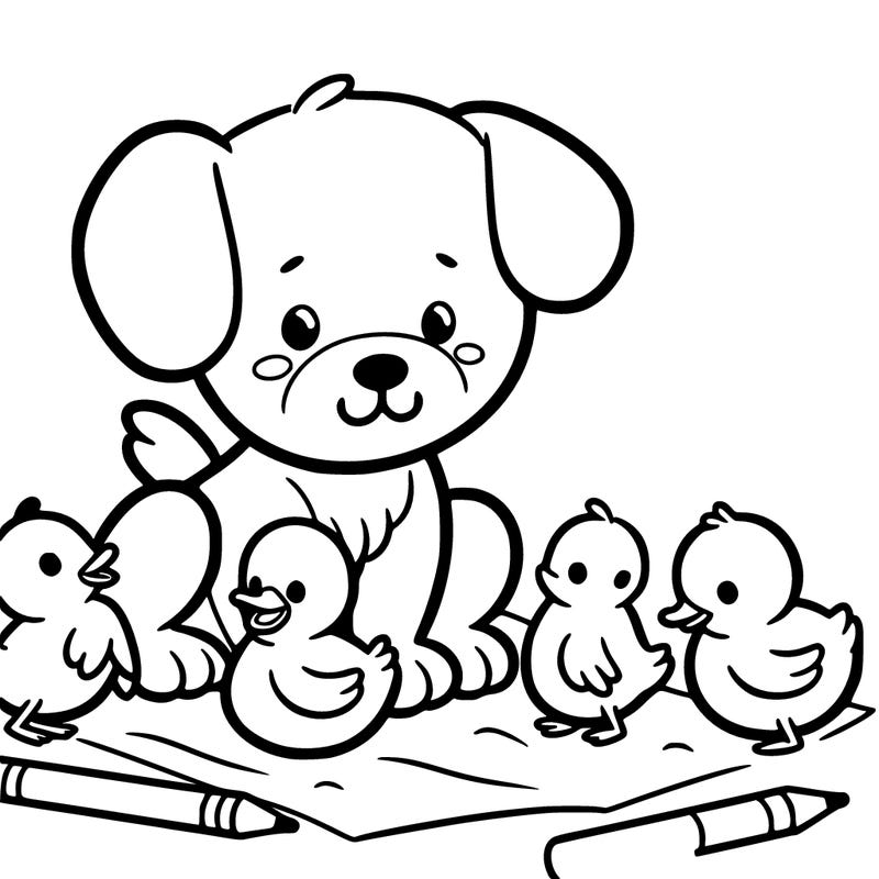 cute dog and baby ducklings together