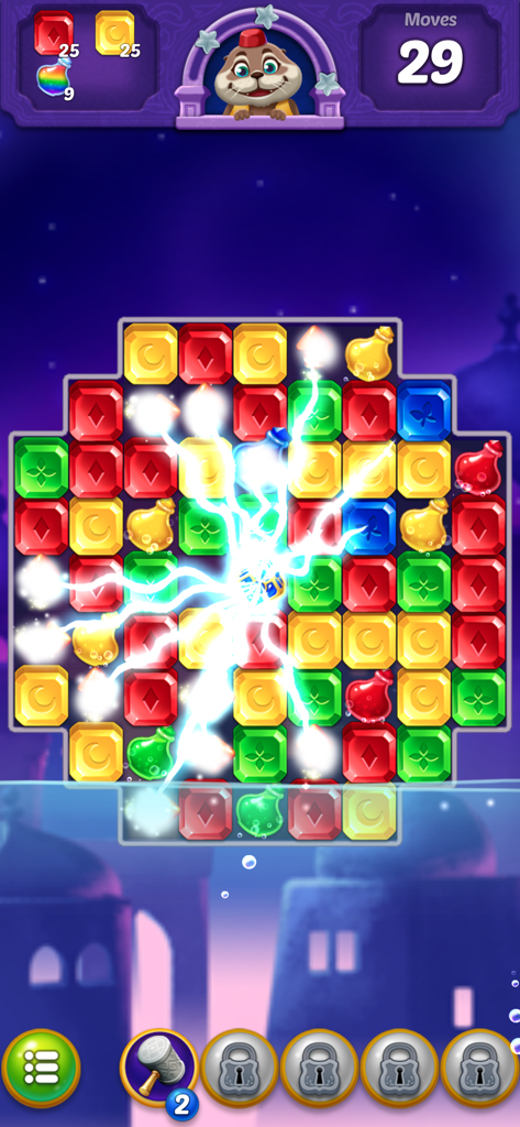 Jugabilidad de Jewel Pop Treasure Island mostrando coloridas joyas rompiéndose y la mascota nutria marina.