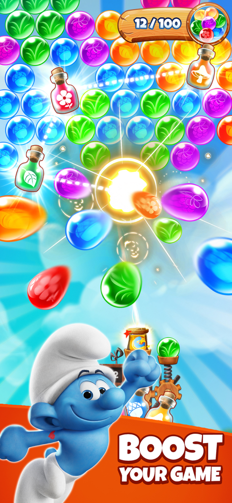 Hefty Smurf in a bubble shooter game with colorful popping bubbles and boost powerups