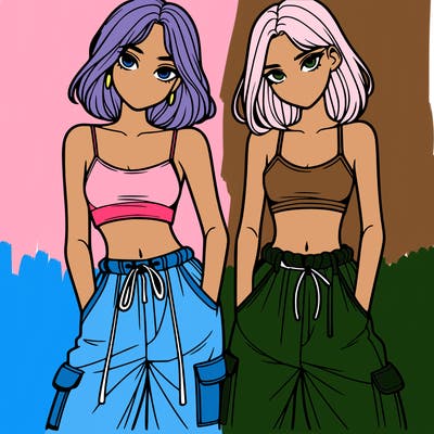 two girls with crop top with baggy pants