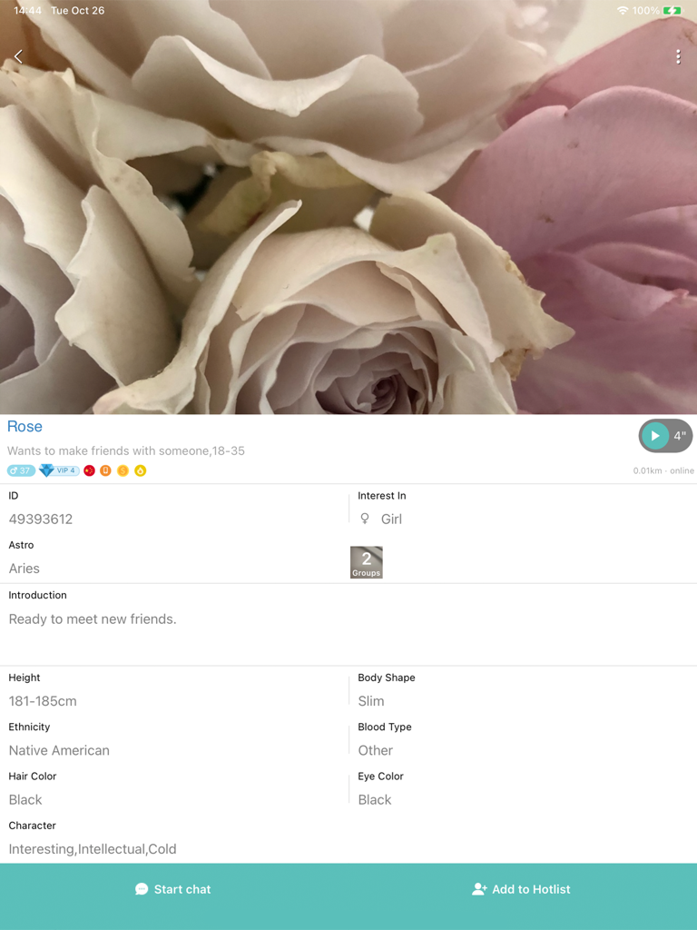Detailed user profile view on SayHi Chat Messenger HD for iPad featuring profile information and chat options.