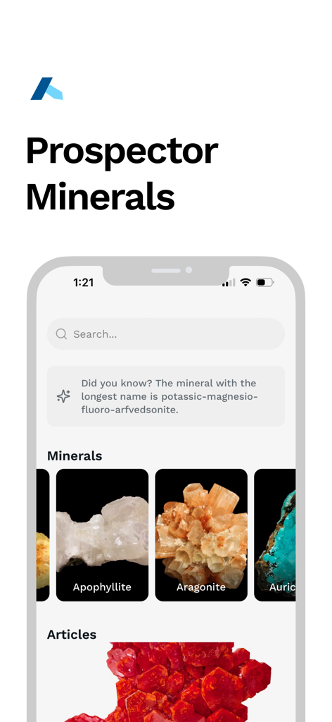 Prospector Minerals - Home screen of Prospector Minerals app featuring a search bar and a gallery of mineral specimens like Apophyllite and Aragonite.