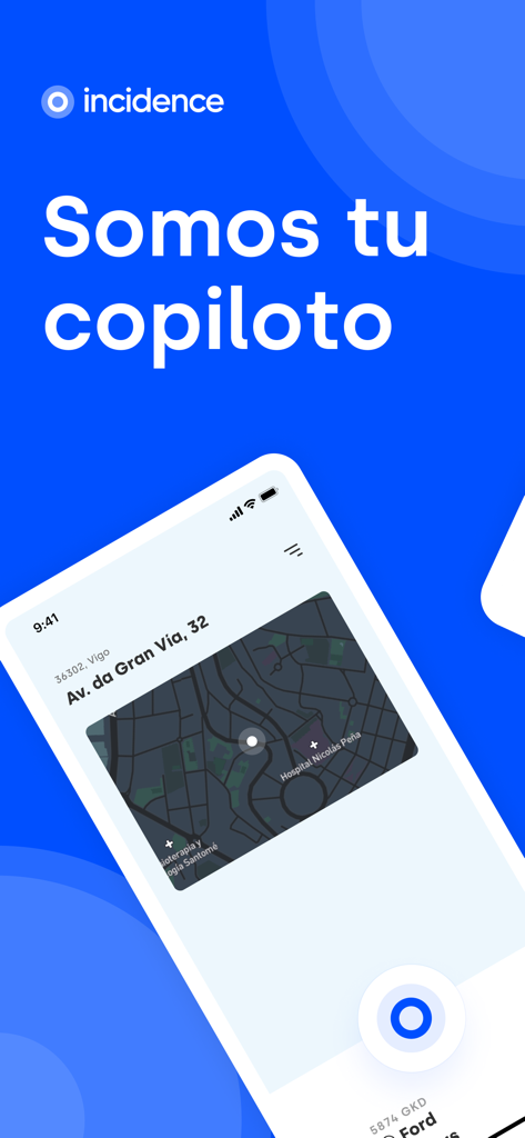 myIncidence - Interfaz de la aplicación myIncidence que muestra el mapa de ubicación de emergencia y el lema "co-piloto"