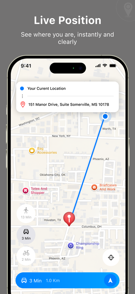 Mobile app interface showing a live map with current location and route planning options