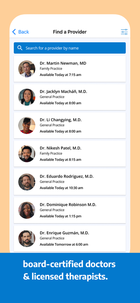 MDLIVE app screen showing a list of available board certified doctors