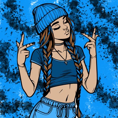 realistic teenage girl with braids and a beanie and crop top doing 🫶🏼