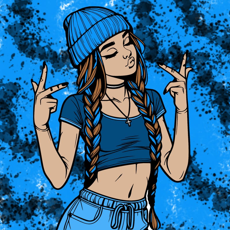 realistic teenage girl with braids and a beanie and crop top doing 🫶🏼