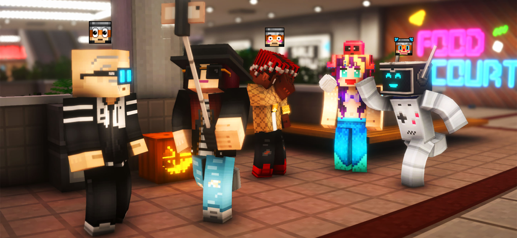 Groupe de personnages voxels personnalisés prenant un selfie dans un centre commercial social