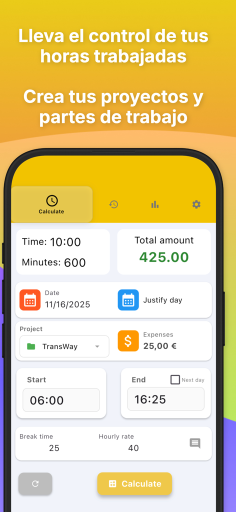 WorkTime: Hours Tracker Log - Interfaz de la aplicación WorkTime que muestra las horas de trabajo diarias, la tarifa por hora y el cálculo de las ganancias totales.