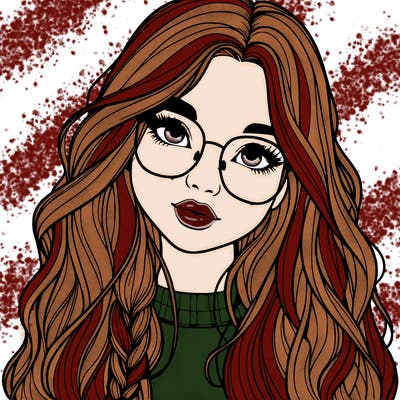 girl with long hair and freckles and glasses realistic