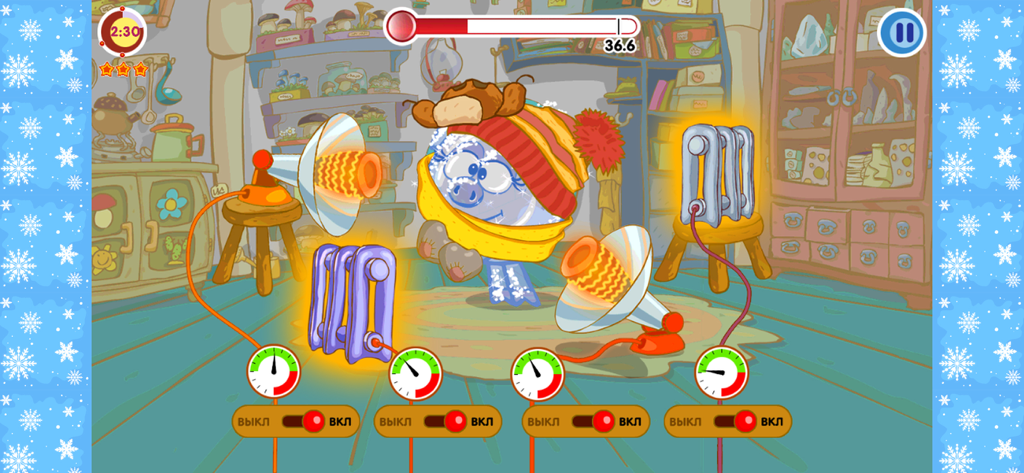 Educational puzzle where a Kikoriki character is warmed using heaters and switches