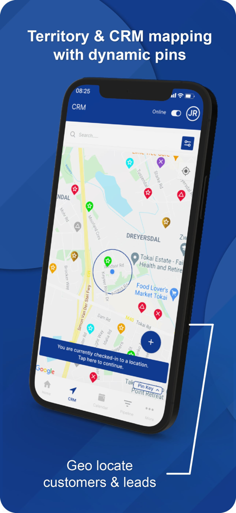 Geo CRM - Geo CRM app interface showing territory and customer mapping with dynamic pins on a map