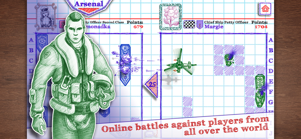 Sea Battle 2 - Sea Battle 2 gameplay screen showing an online naval battle with hand-drawn notebook graphics.