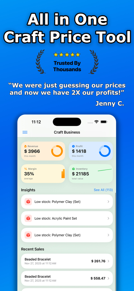 Craft Price Calculator - Panel de la aplicación Calculadora de Precios de Manualidades que muestra los márgenes de beneficio de ingresos y el seguimiento de inventario para un negocio artesanal