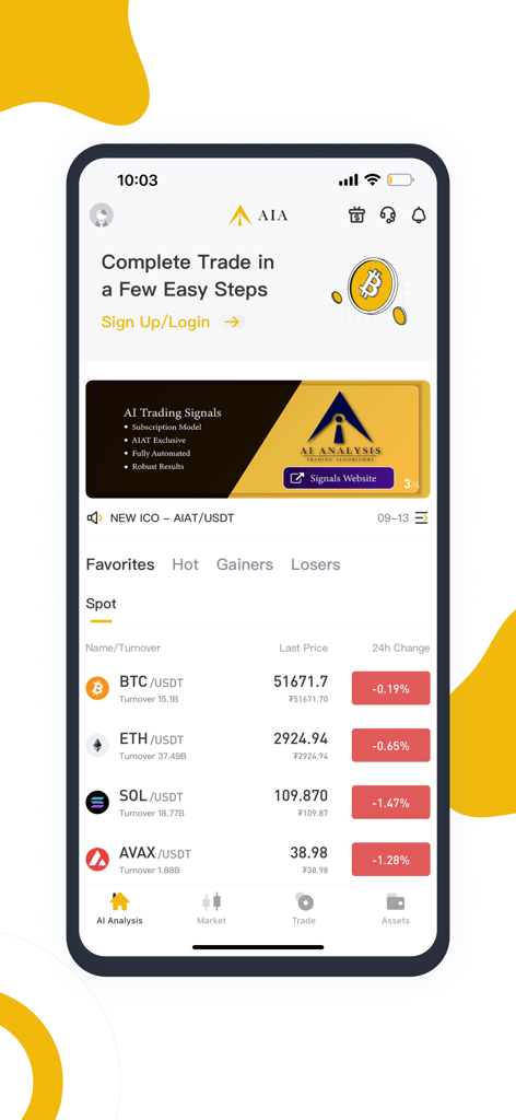 AI Analysis mobile app dashboard displaying real-time cryptocurrency spot market prices and AI trading signal banner.