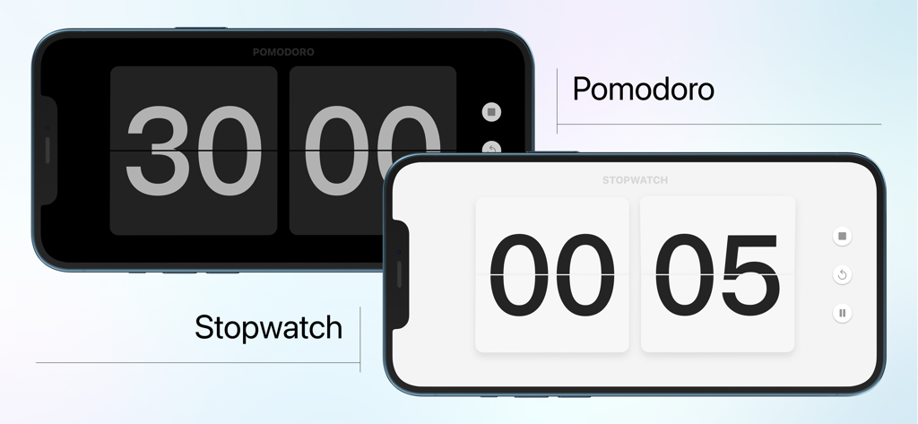 Zen Flip Clock - Minimal Timer - Aplicación Zen Flip Clock mostrando las funciones de temporizador Pomodoro y cronómetro en temas minimalistas oscuros y claros.