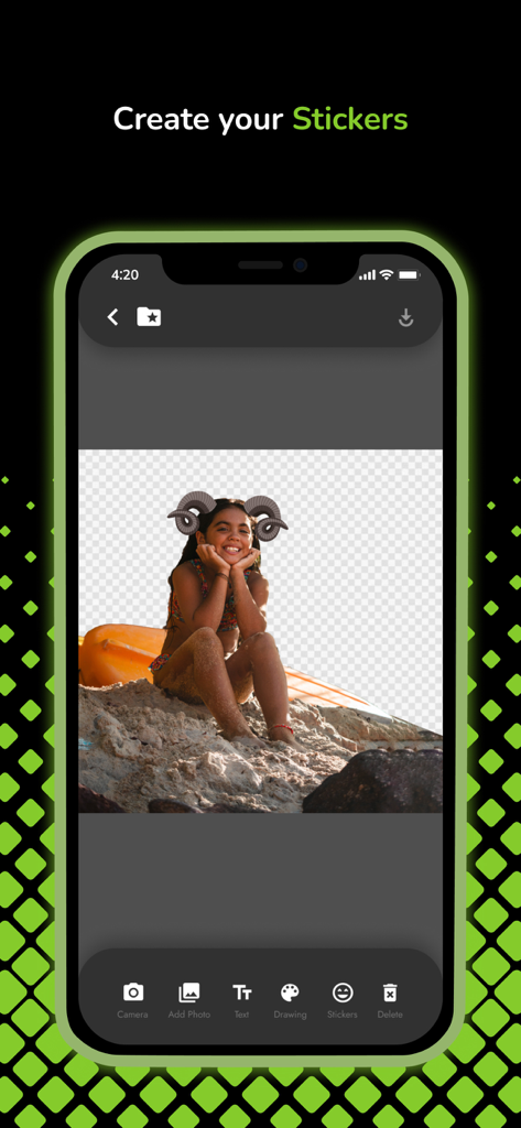Sticker Maker for Messenger - Interfaz de usuario de la aplicación Sticker Maker que muestra una foto siendo editada en un sticker con cuernos digitales añadidos y eliminación de fondo.