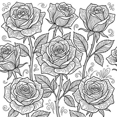Immerse yourself in the sophisticated beauty of Hybrid Tea Roses with this intricately designed adult coloring page. Each elegant bloom and leaf is adorned with detailed patterns, providing a delightful challenge and a rewarding artistic escape.