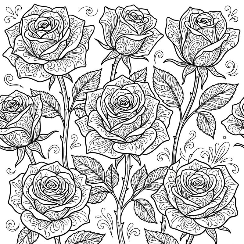 Immerse yourself in the sophisticated beauty of Hybrid Tea Roses with this intricately designed adult coloring page. Each elegant bloom and leaf is adorned with detailed patterns, providing a delightful challenge and a rewarding artistic escape.