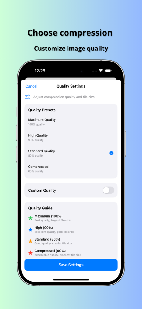 HEIC to JPG · Image Converter - Quality settings screen in the HEIC to JPG converter app showing compression options from maximum to compressed quality.