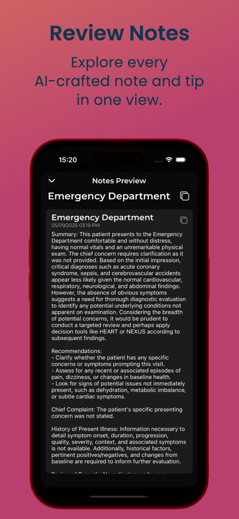 Document Medical - Captura de pantalla de la aplicación Document Medical que muestra una vista previa de nota clínica generada por IA para un encuentro en el Departamento de Emergencias en un iPhone.