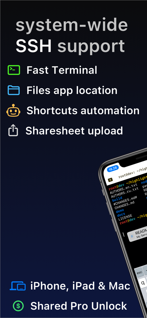 SSH Client - Secure ShellFish - Secure ShellFish app overview highlighting system-wide SSH support and Files app integration