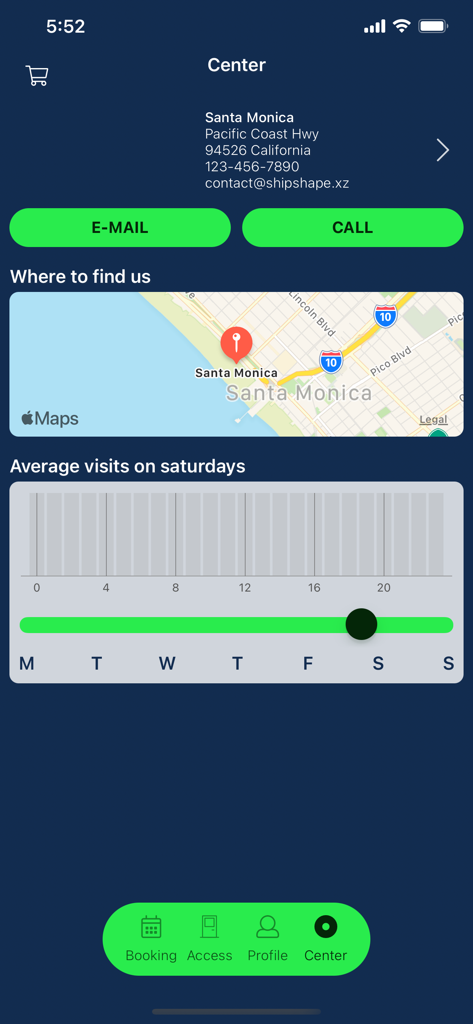 Captura de pantalla de la pantalla Centro en la aplicación Boost System que muestra un mapa de ubicación del gimnasio y un gráfico de aforo promedio de visitantes