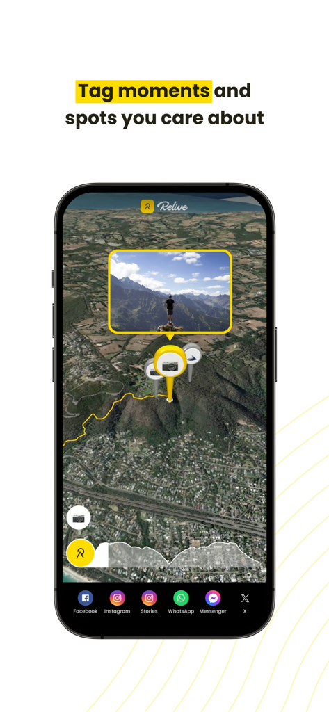 Relive app screenshot showing a 3D satellite map with a hiking route and a tagged photo of a mountain summit.