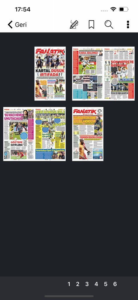 A preview grid showing several pages of the Fanatik digital sports newspaper within the app interface.