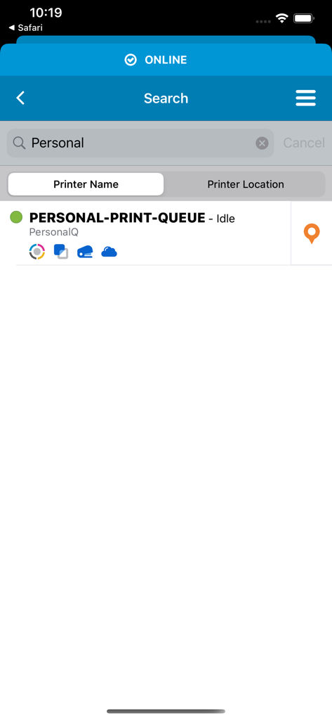 HP Advance - Search screen in the HP Advance app for finding authorized printers by name or location