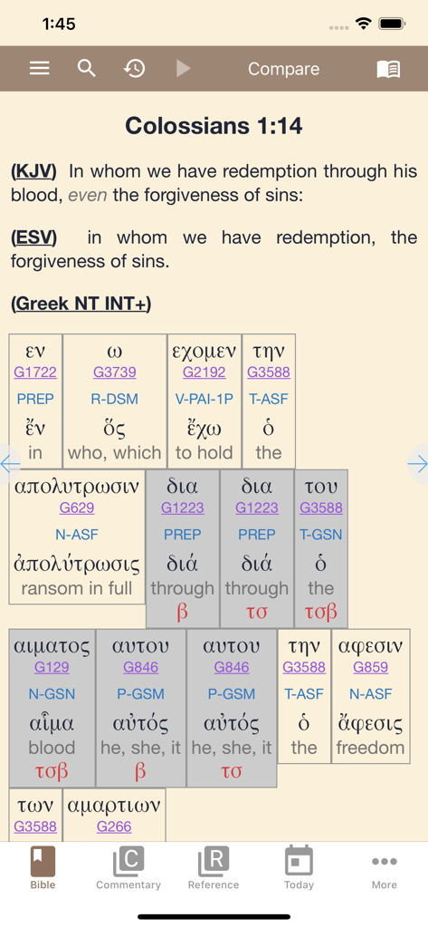 Interfaz de la aplicación e-Sword LT que muestra un versículo bíblico con comparaciones de KJV y ESV y una sección detallada de estudio interlineal griego.