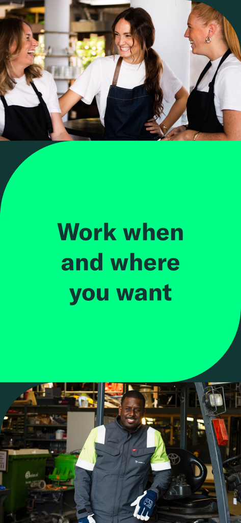 Temper | Flex Work and Gigs - Workers in hospitality and warehouse settings with text saying Work when and where you want.