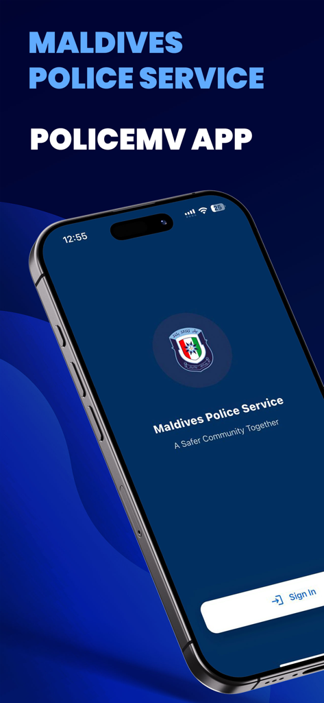 Splash screen of the PoliceMV app showing the Maldives Police Service logo and a sign in button