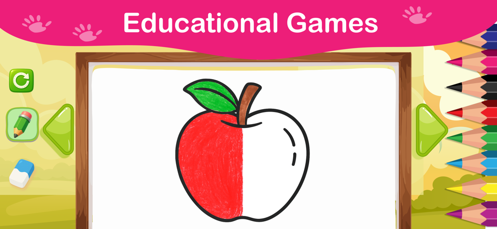 ABC Letter Tracing Games - Pantalla de juego de colorear educativo que muestra una manzana siendo coloreada con rojo y varias herramientas de dibujo.