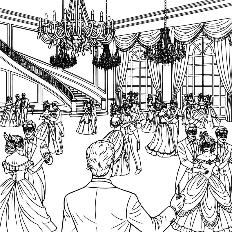 a masquerade ball where guests wear formal attire and decorative masks. couples dance across a large ballroom floor while others stand nearby talking and laughing. a staircase curves down into the room and chandeliers hang overhead. include detailed masks, elegant dresses, tuxedos, gloves, and decorative curtains so there are dramatic details for coloring.