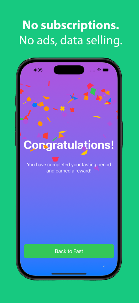 AllyFast - AllyFast app congratulating a user for completing a fast with a no subscriptions message