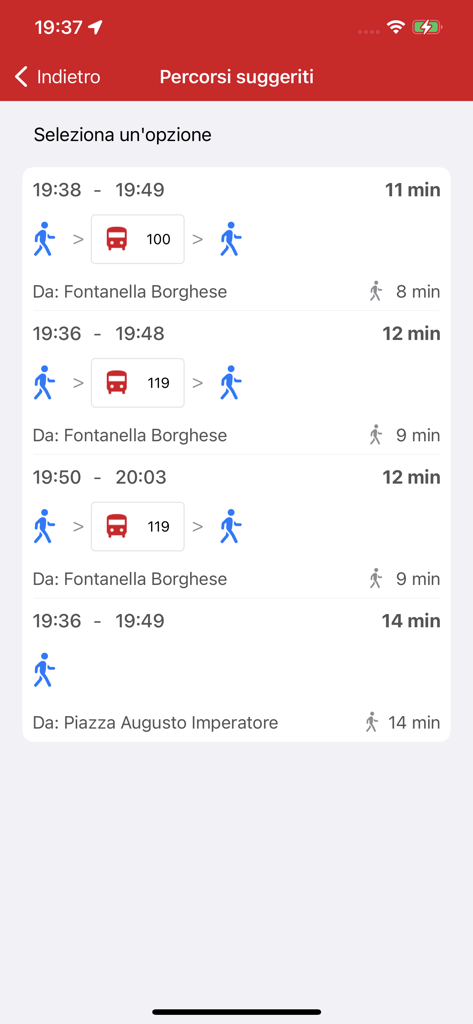 Probus Rome - Atac Transport - Suggested transit routes and travel times in the Probus Rome app