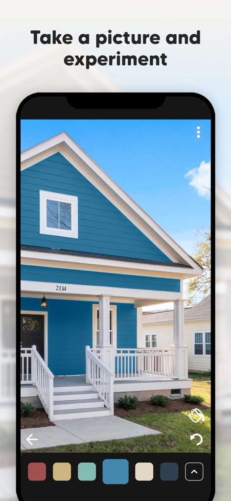Paint my House: change color - A smartphone screen showing the Paint my House app with a blue exterior wall visualization and color palette selection