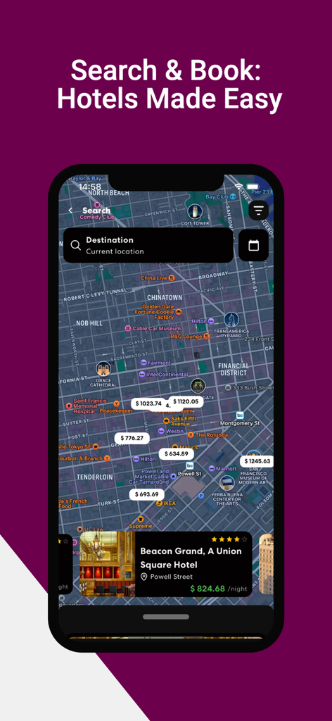 Interfaz de la aplicación Prestigia que muestra un mapa de hoteles de lujo en San Francisco con precios
