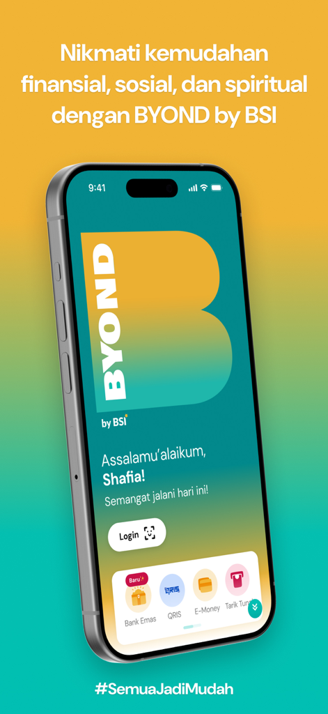 BYOND by BSI Sharia digital banking app home screen showing financial and spiritual features on a smartphone