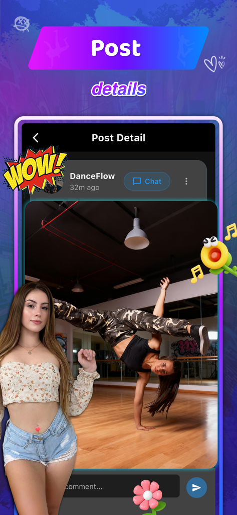 Zeni - Dance & Social - Captura de tela do aplicativo Zeni mostrando a página de detalhes de uma postagem com um dançarino de rua executando um movimento de parada de mãos