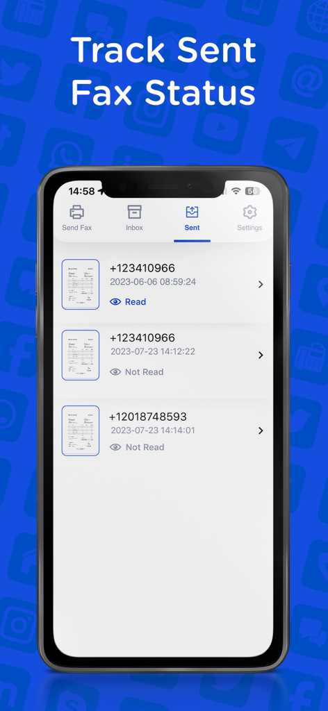 iPhone screenshot of the Send Fax App displaying a history of sent faxes with delivery status and recipient phone numbers.