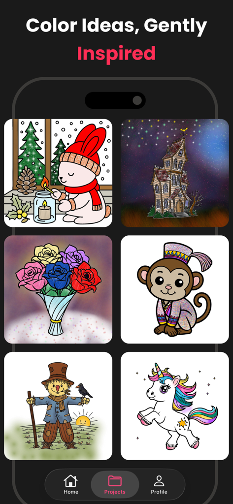 Adult Coloring Book - Hue - A gallery of completed coloring projects in the Hue app showing a unicorn, roses, and a scarecrow.