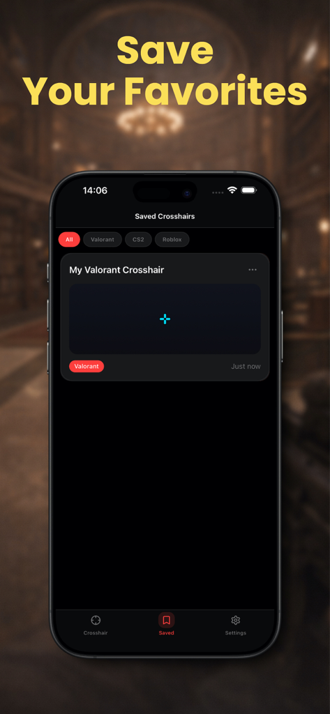 Custom Crosshair Overlay - Interfaccia dell'app Custom Crosshair Overlay che visualizza i preferiti salvati e i preset del mirino per giochi FPS come Valorant e CS2.